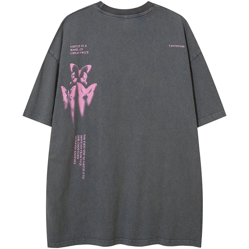 Sadcore Oversized shirt – Aolamegs Butterfly Inkjet Letter Print Washed T Shirt Men Sh