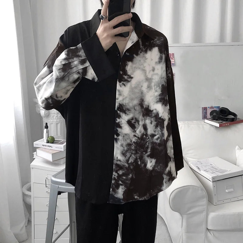 Men Casual Shirt Spring Print Patchwork Lapel Long Sleeve Streetwear Tops 2023 Korean Loose Fashion Shirts Camisas 5XL INCERUN