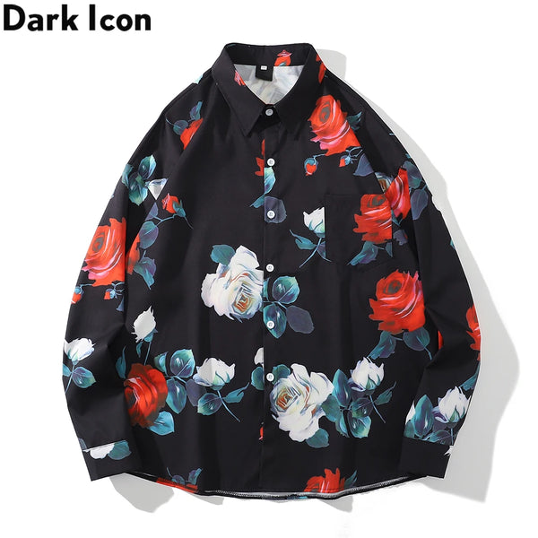 Dark Icon Floral Loose Men's Shirt Long Sleeve Autumn Oversized Shirt Man Black White