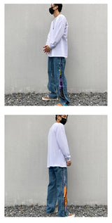 men side buttons patchwork harajuku straight denim jean pants casual elastic waist jeans trousers hip hop new streetwear joggers unique joggers style 3153