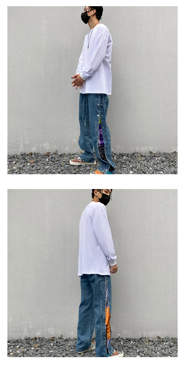 men side buttons patchwork harajuku straight denim jean pants casual elastic waist jeans trousers hip hop new streetwear joggers unique joggers style 3153