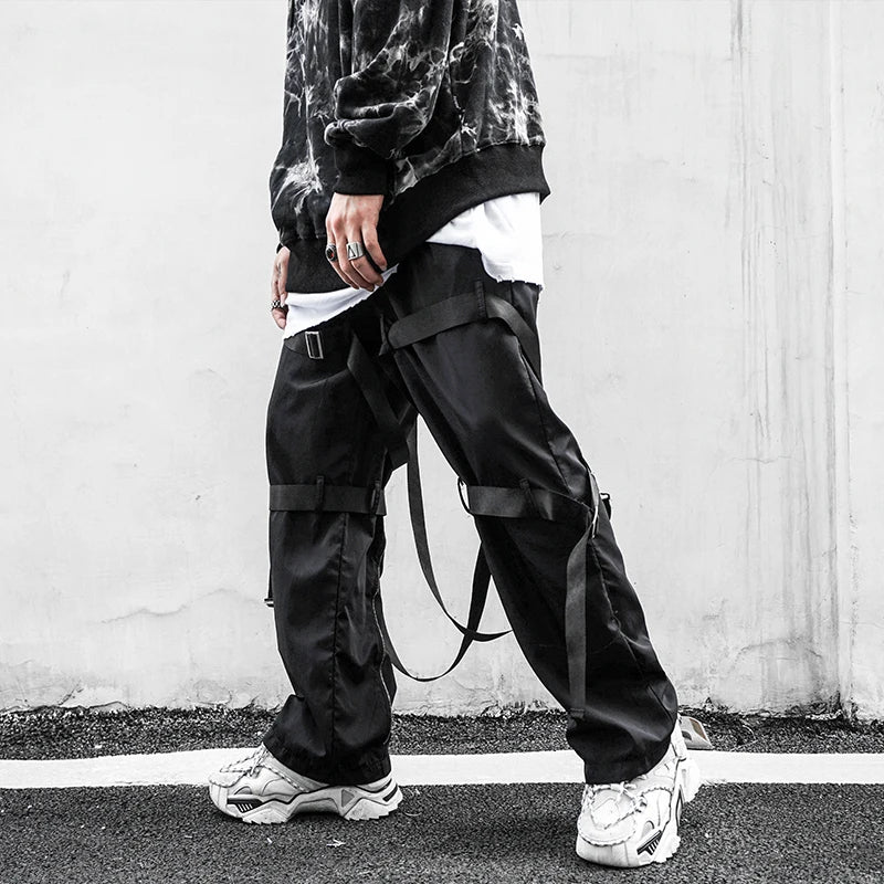 back zipper loose elastic waist cargo pants autumn new streetwear drawstring pants trousers men harajuku twine belts casual pant baggy cargo bottoms