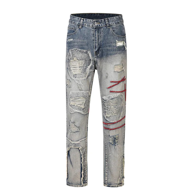 destroyed ripped straight jeans pants mens distressed biker jeans fashion irregular embroidery streetwear hip hop pants joggers unique joggers style 3943