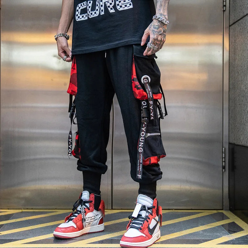 men hip hop black cargo pants joggers sweatpants overalls men ribbons streetwear harem pants women fashions trousers unique joggers style 2695