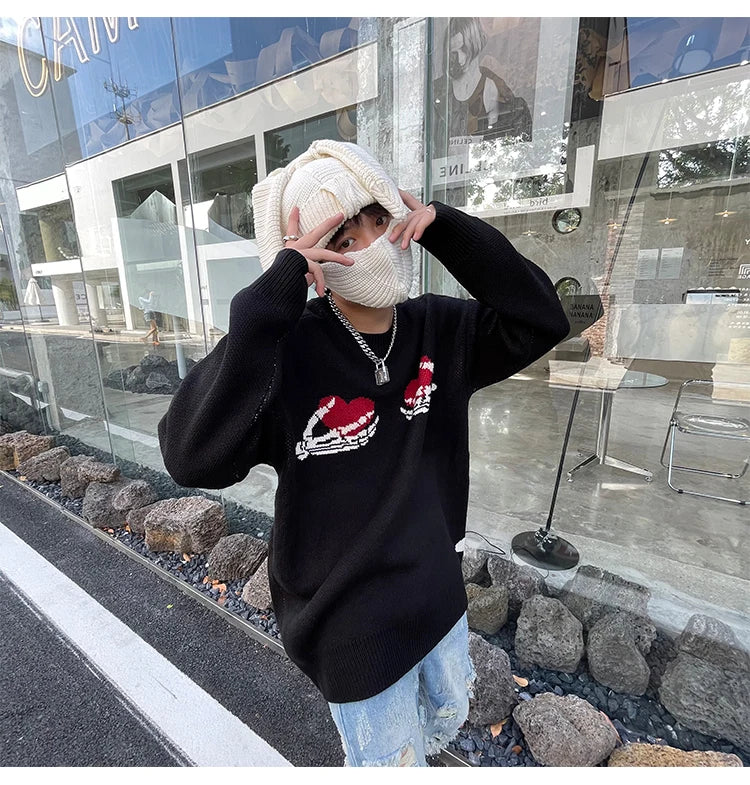 hip hop skull knitted oversized sweater men autumn winter o neck long sleeve pullover streetwear loose sweaters mens clothing oversized graphic print design, high quality cotton pullover, aesthetic street look hoodie