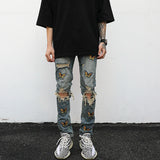 high street butterfly embroidery knee ripped hole jeans mens casual hip hop distressed jeans slim fit skinny denim pants joggers streetwear sweatpants