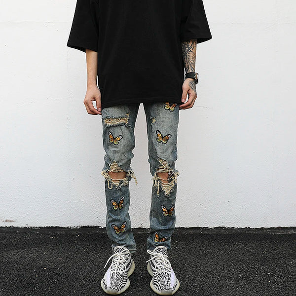 high street butterfly embroidery knee ripped hole jeans mens casual hip hop distressed jeans slim fit skinny denim pants joggers streetwear sweatpants