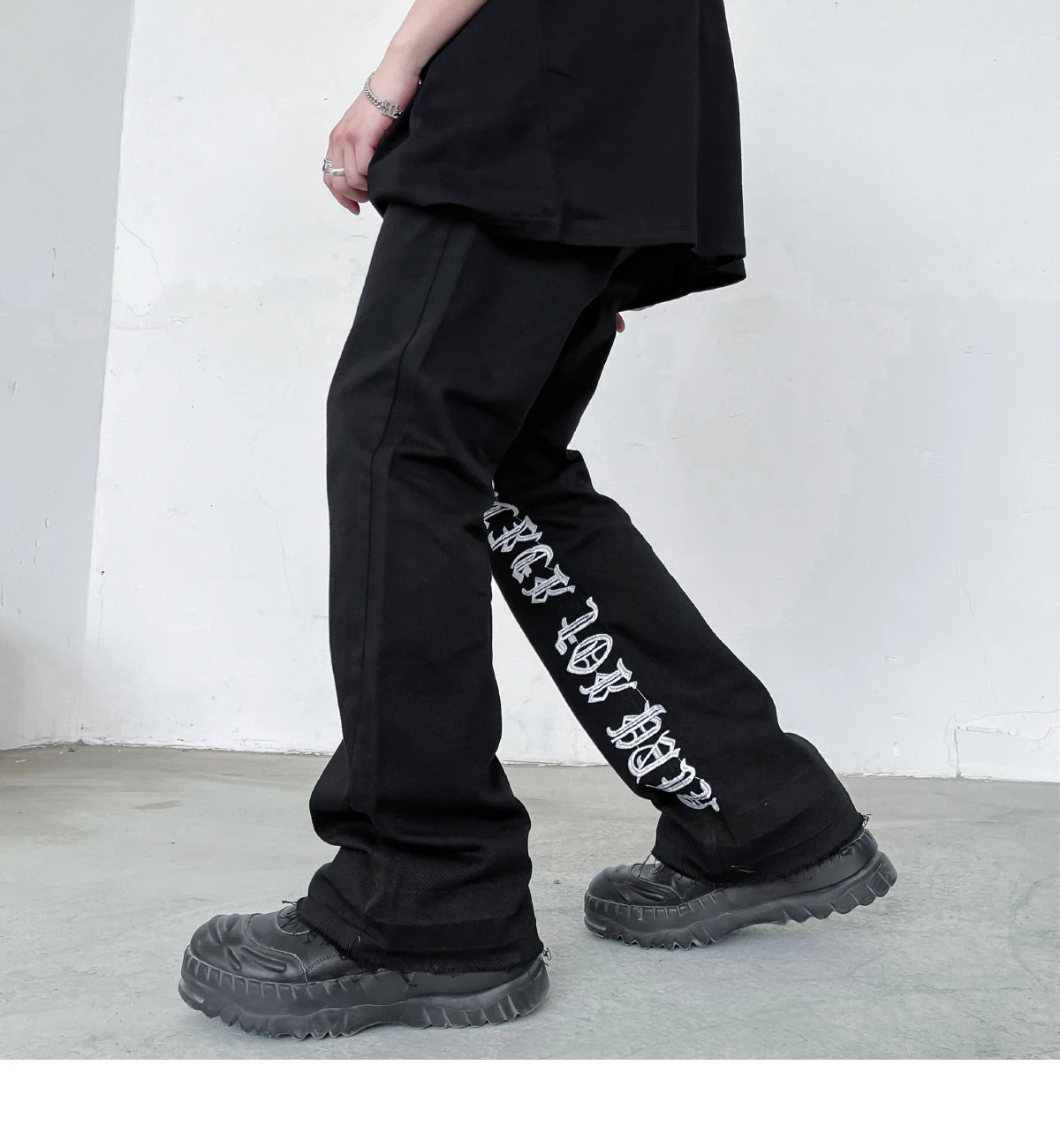 fashion letters embroidery denim flare jeans mens high street elastic waist straight trouser hip hop streetwear pants joggers unique joggers style 4799
