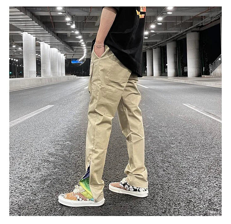 mens high street loose fit elastic waist pants bottom zipper patchwork cargo pants hip hop drawstring sportwear pants joggers unique joggers style 5421