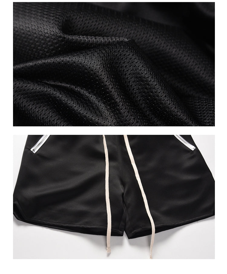 Men Hip Hop Loose Shorts Elastic Waist Shorts Fashion Satin Shorts Zipper Pocket Casual Drewstring Streetwear Sportswear Joggers