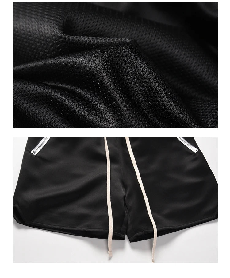 Men Hip Hop Loose Shorts Elastic Waist Shorts Fashion Satin Shorts Zipper Pocket Casual Drewstring Streetwear Sportswear Joggers