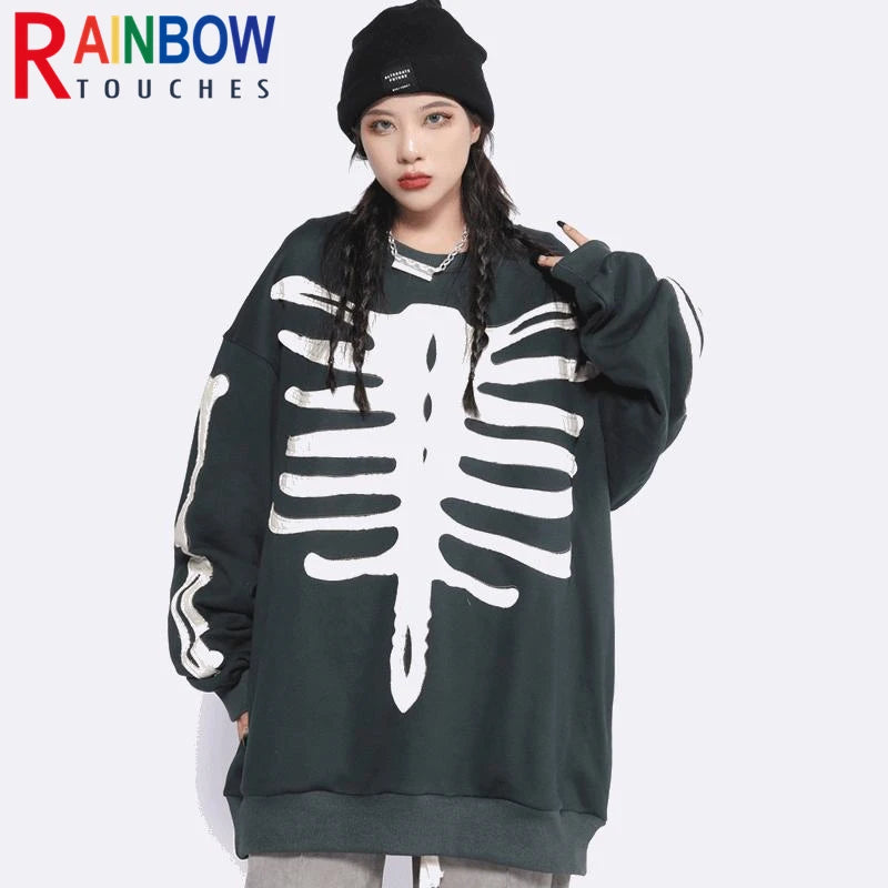 rainbowtouches men high street coat dark skeleton print oversized pullover graffiti halloween hoodie coats long sleeve t shirt - bold artwork streetwear hoodie, high quality cotton hoodie, Y2K grunge street style