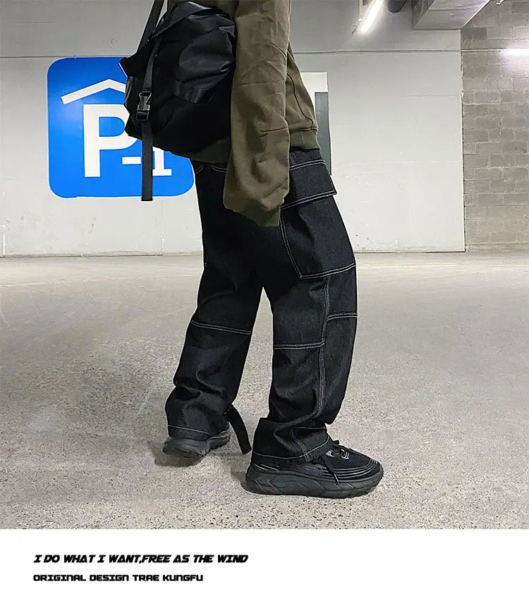 men jeans wide leg denim pants loose straight baggy mens jeans hip hop streetwear skateboard neutral denim trousers cargo jeans unique cargo style 2671