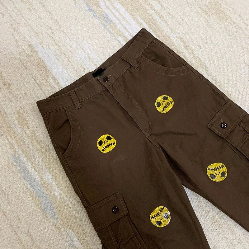 mens high street smilely loose cargo pants casual zipper straight jeans hip hop side pockets loose fit streetwear casual joggers unique joggers style 3498
