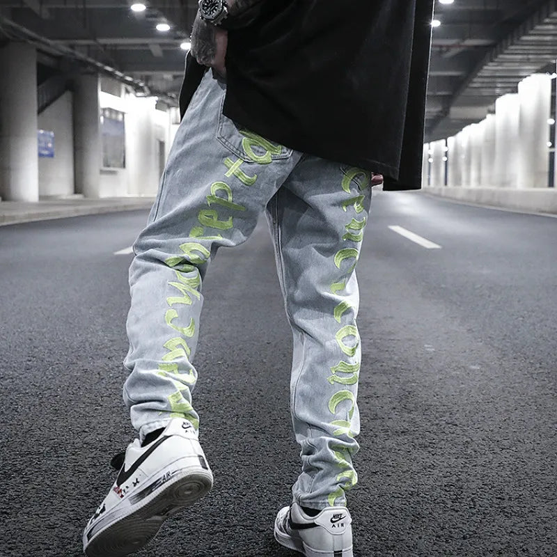 men back letter embroidery denim jean pants fashion slim zipper biker jeans trouser new casual hip hop streetwear pants joggers relaxed fit joggers
