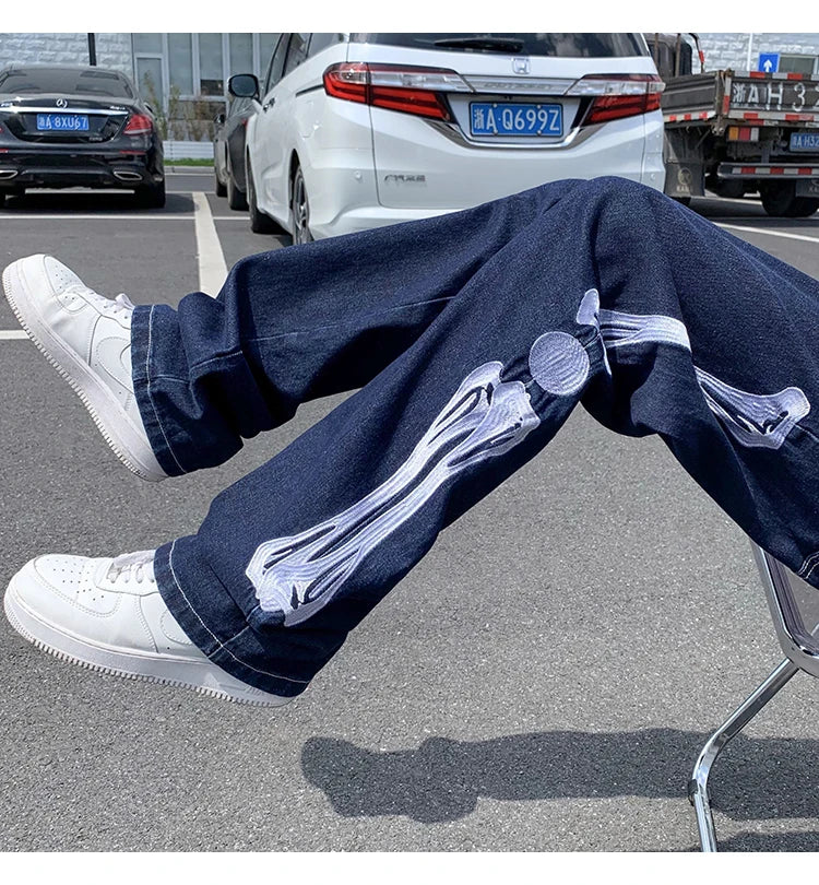 skeleton embroidery straight jean pants couples mopping trousers mens streetwear denim pants mens clothing jeans for men baggy unique jeans style 2814