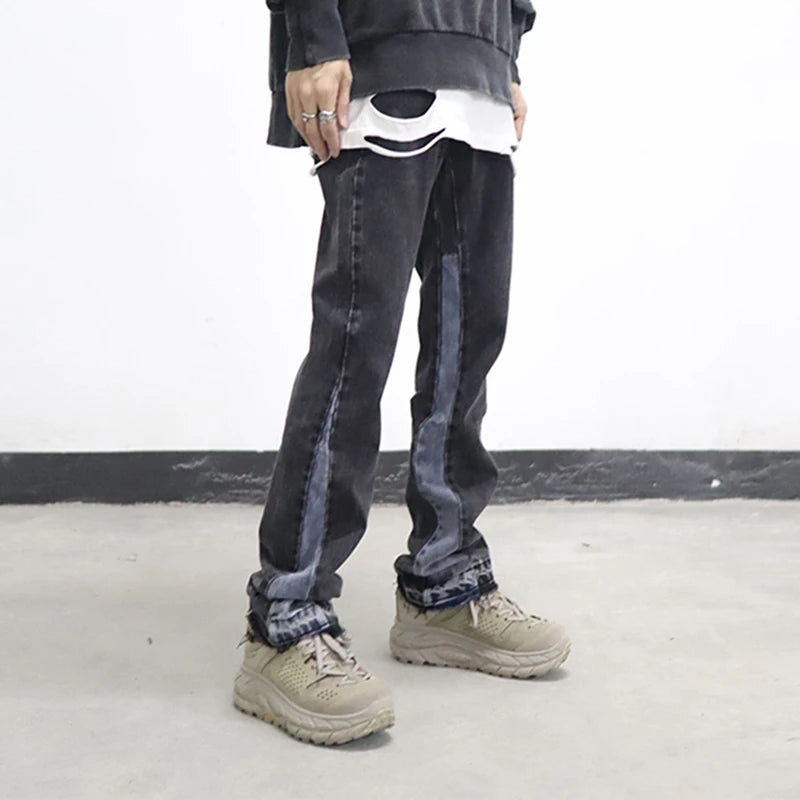 high street washed color match frayed micro flared jeans mens straight spliced retro loose casual denim pants hip hop trousers unique jeans style 22