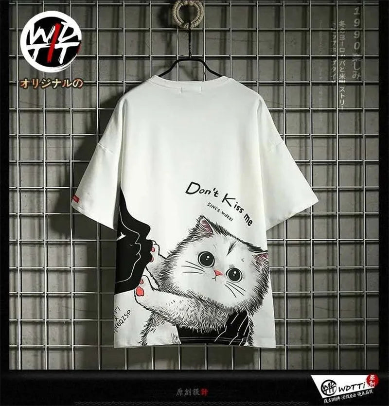 Y2K Graphic Tee – Black Kawaii Cat T Shirt Men Japanese Cute T Shirt – Urban Streetwear for Men & Women