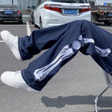 skeleton embroidery straight jean pants couples mopping trousers mens streetwear denim pants mens clothing jeans for men baggy unique jeans style 2812