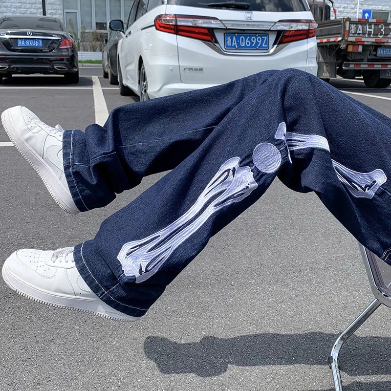 skeleton embroidery straight jean pants couples mopping trousers mens streetwear denim pants mens clothing jeans for men baggy unique jeans style 2812