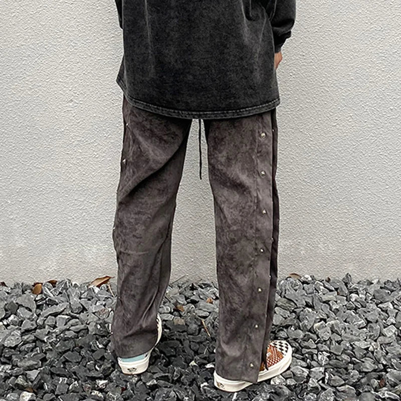 mens side buttons patchwork harajuku straight pants casual elastic waist fake suede trousers hip hop streetwear casual joggers urban active pants