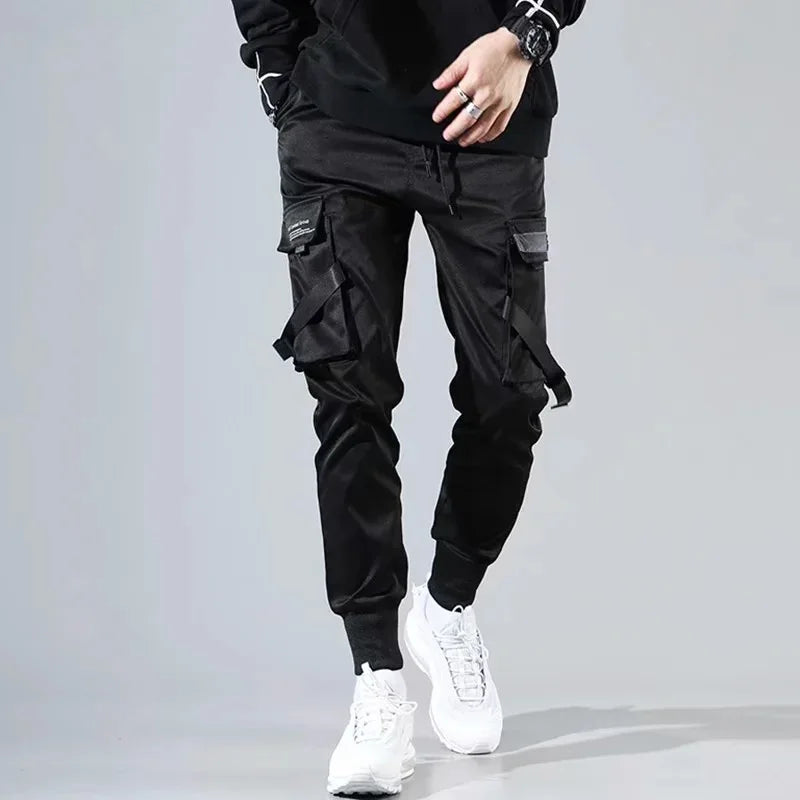 ribbons harem joggers men cargo pants streetwear 2023 hip hop casual pockets track pants male harajuku fashion trousers unique joggers style 2853
