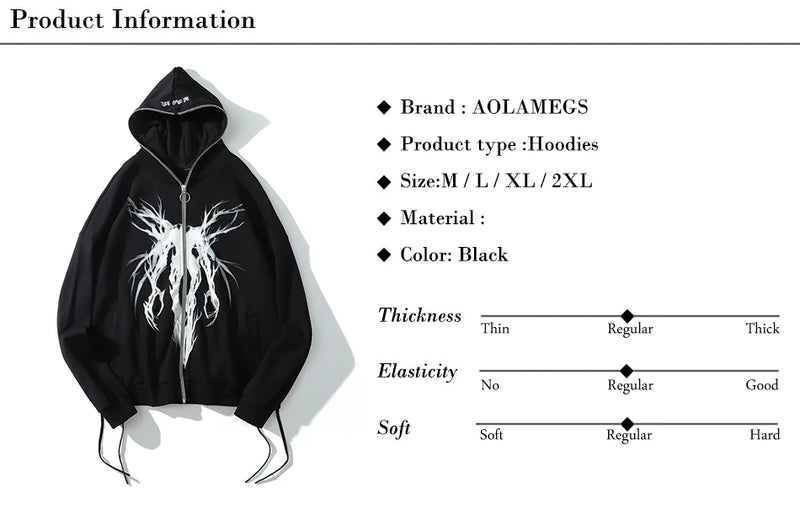 Aolamegs Punk Graphic Print Zipper Ribbon Hooded Hoodie Men Casual Bla