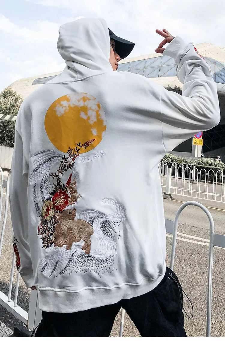 2023 Men Hip Hop Hoodie Sweatshirt Embroidered Floral Full Moon Rabbit Harajuku Streetwear Hoodie Pullover Cotton Autumn Hipster