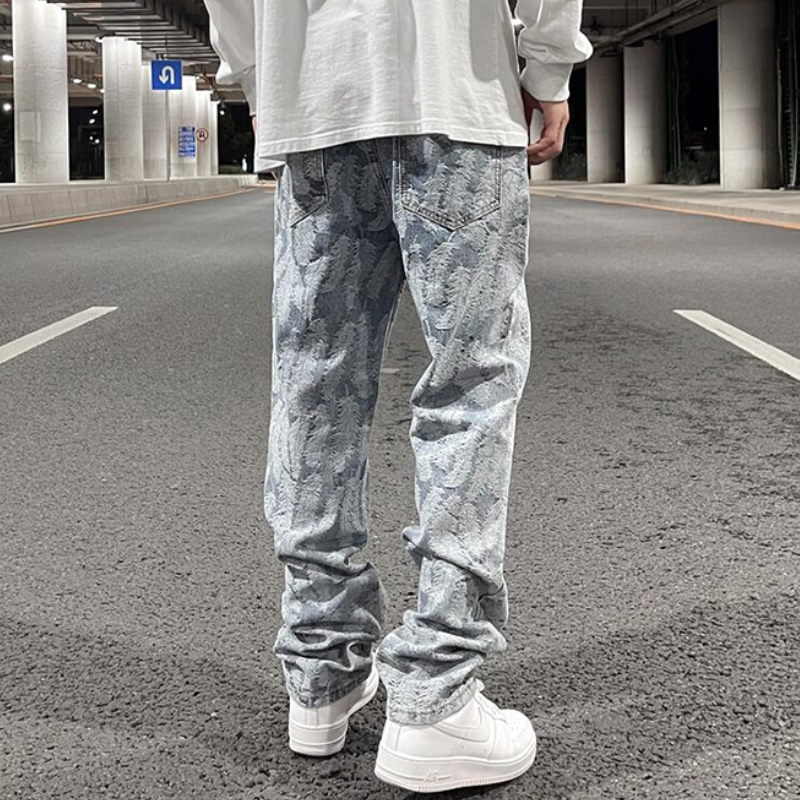 high street feathers embroidery denim pants mens zipper straight jeans trouser with belt hip hop streetwear loose joggers pants unique joggers style 3597
