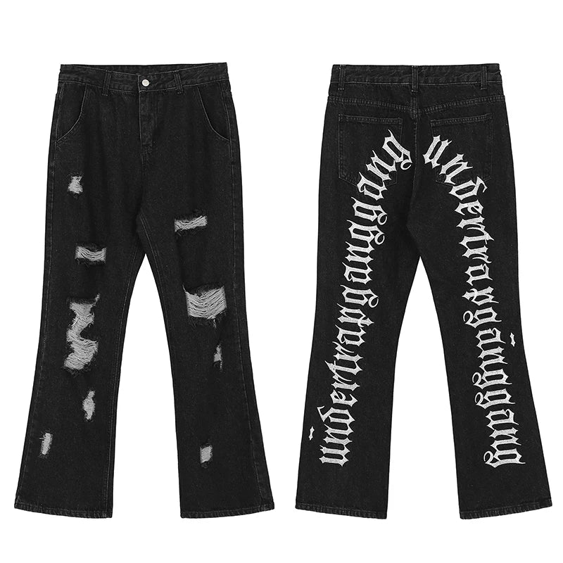 fashion back letters embroidery denim flare jeans mens zipper straight trouser hip hop destroy holes streetwear pants joggers unique joggers style 124