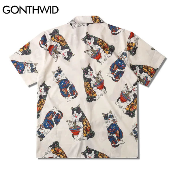Sadcore Oversized shirt – Gonthwid Hawaiian Beach Shirts Harajuku Japanese Tattoo Cat