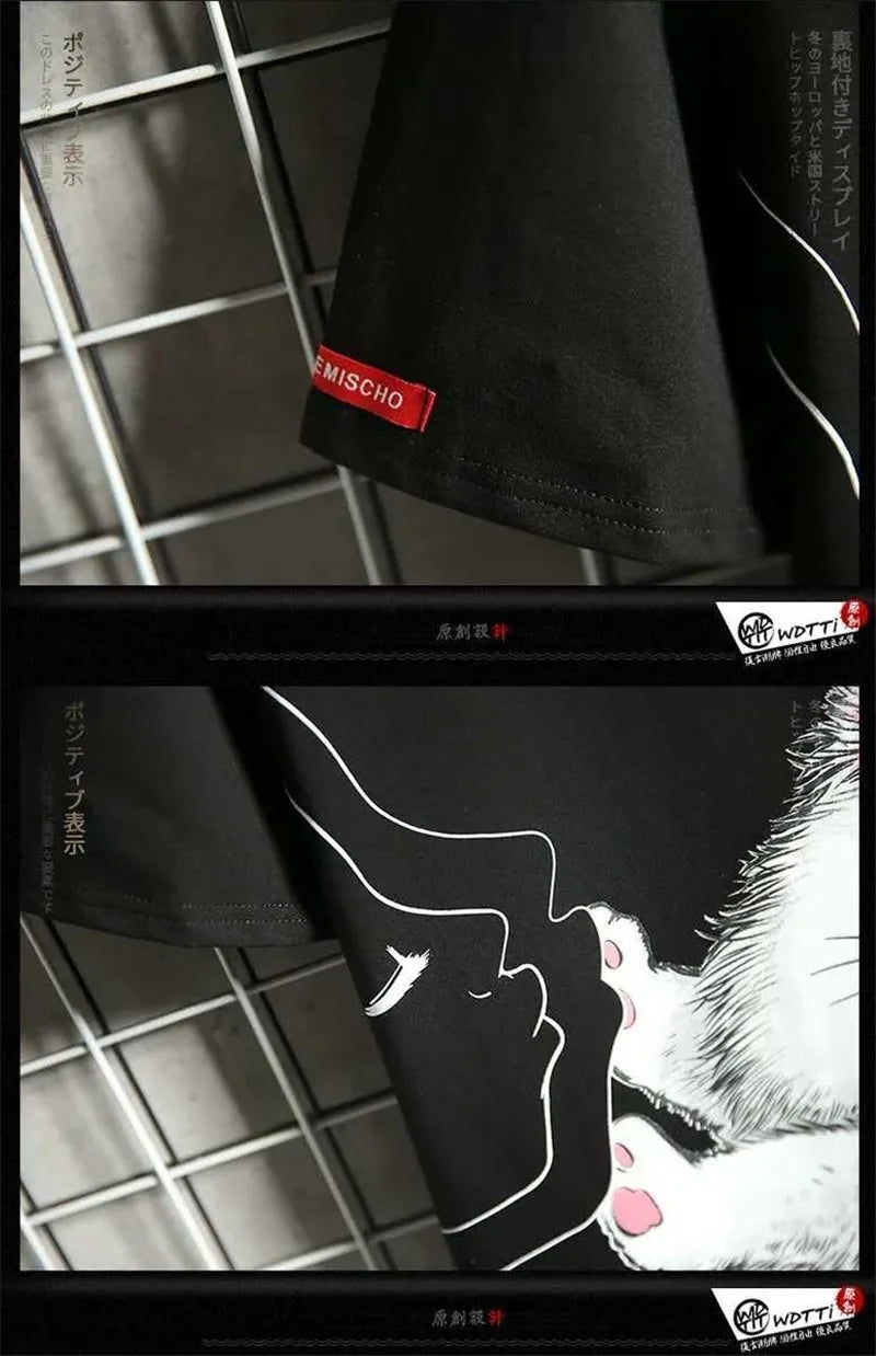 Y2K Graphic Tee – Black Kawaii Cat T Shirt Men Japanese Cute T Shirt – Urban Streetwear for Men & Women