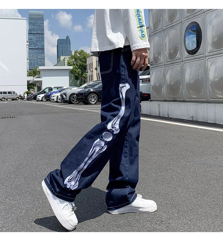 skeleton embroidery straight jean pants couples mopping trousers mens streetwear denim pants mens clothing jeans for men baggy unique jeans style 2816