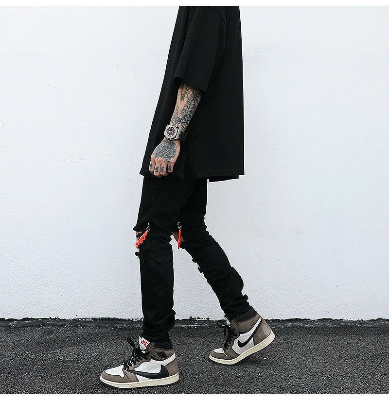 high street knee hole with chain ripped biker jeans mens slim fit denim pants autumn new streetwear casual hip hop pants joggers unique joggers style 4261