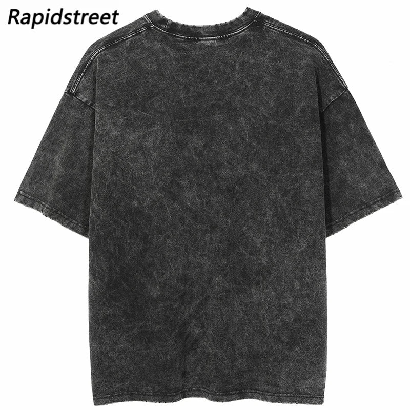 Sadcore Aesthetic print tee – Men Washed T Shirt Hip Hop Streetwear Lightning Snake Print