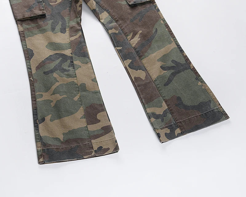 streetwear mens hip hop camouflage flare pants fashionable camo cargo pants male slim fit camouflage trousers women all match unique cargo style 5137