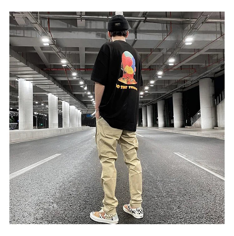 mens high street loose fit elastic waist pants bottom zipper patchwork cargo pants hip hop drawstring sportwear pants joggers unique joggers style 5418