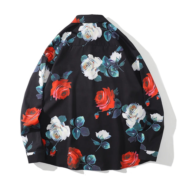 Dark Icon Floral Loose Men's Shirt Long Sleeve Autumn Oversized Shirt Man Black White