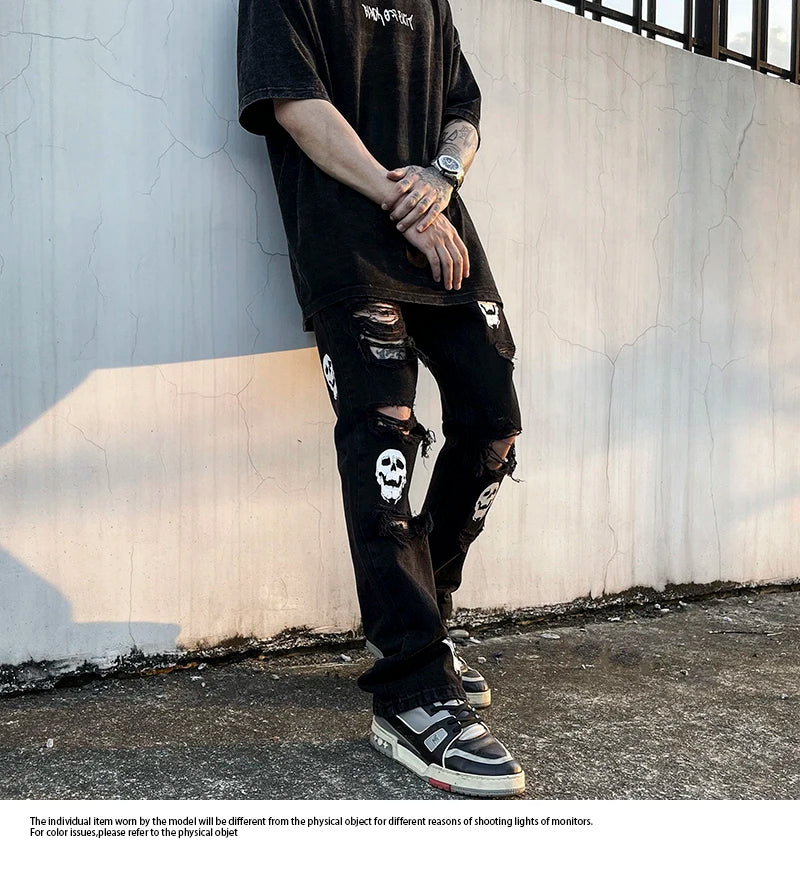 fashion skull printed denim jeans mens destoryed holes zipper flare jeans hip hop streetwear summer casual joggers jeans pants unique joggers style 3771