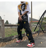 mens high street smilely loose cargo pants casual zipper straight jeans hip hop side pockets loose fit streetwear casual joggers unique joggers style 3488