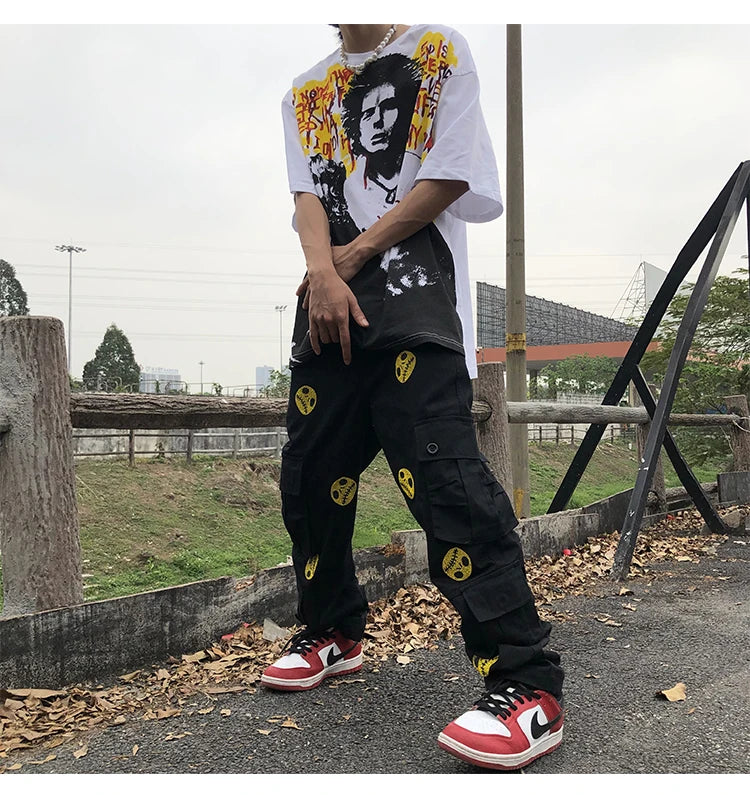 mens high street smilely loose cargo pants casual zipper straight jeans hip hop side pockets loose fit streetwear casual joggers unique joggers style 3488