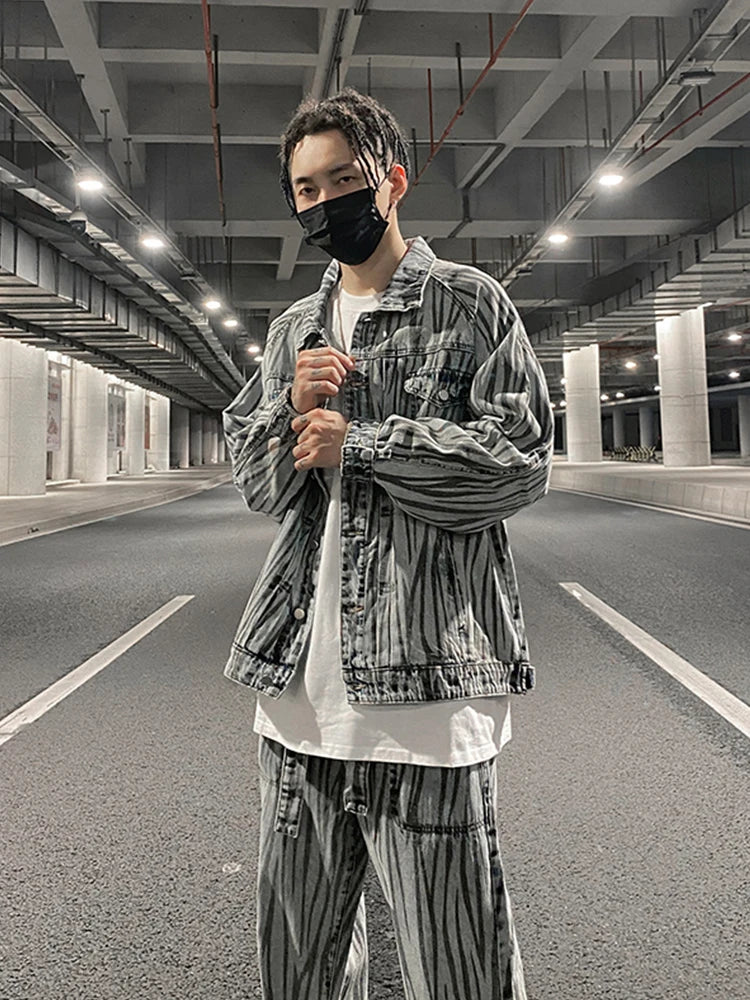 2 pieces sets mens fashion striped single breasted denim jeans jacket coat and zipper straight pants joggers new streetwear sets casual joggers