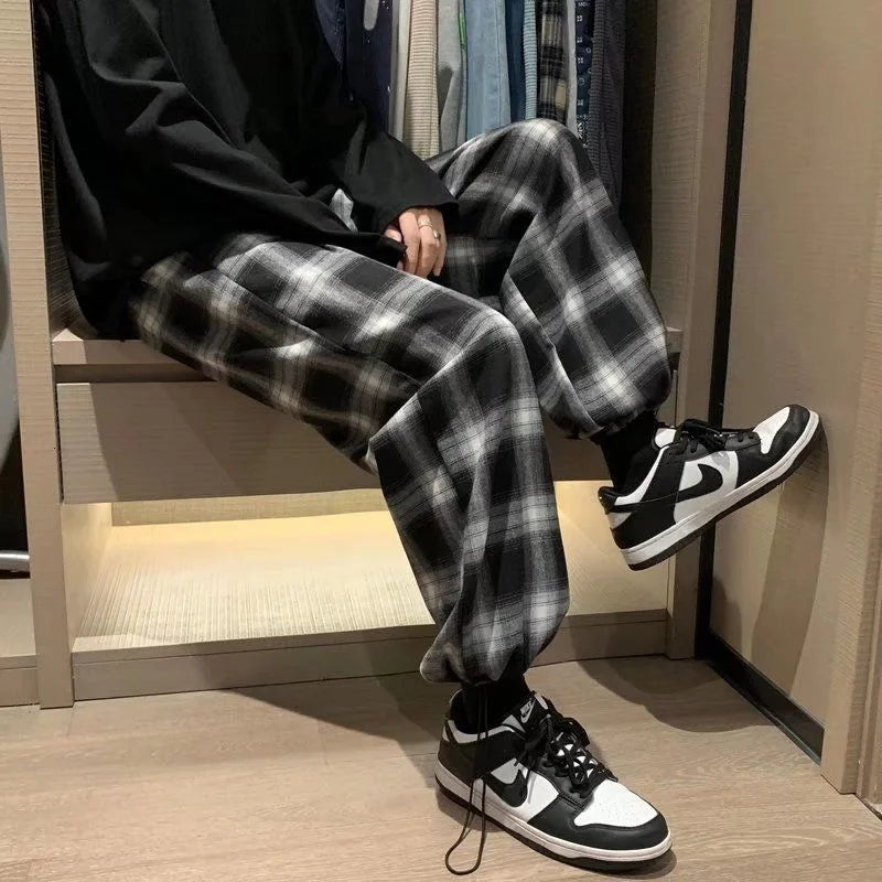 plaid pants men fashion retro color contrast casual pants men streetwear loose hip hop straight pants mens trousers m 3xl relaxed fit trousers
