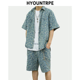 2 Pieces Sets Mens Fashion Embroidery Single Breasted Denim Jeans  Shirts and Straight Zipper Shorts Joggers Streetwear Sets