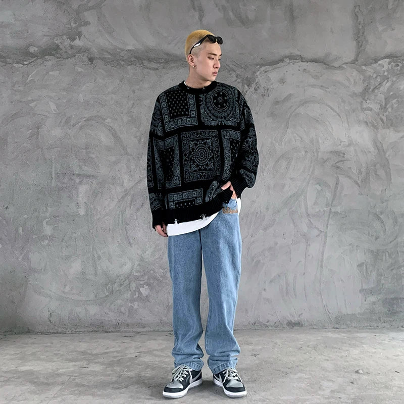hip hop paisley printed ripped knitted holes sweater mens autumn winter long sleeve pullover streetwear loose sweaters clothing streetwear fashion hoodie, aesthetic street look hoodie, trendy hip hop style outerwear