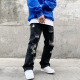 fashion back letters embroidery denim flare jeans mens zipper straight trouser hip hop destroy holes streetwear pants joggers unique joggers style 133