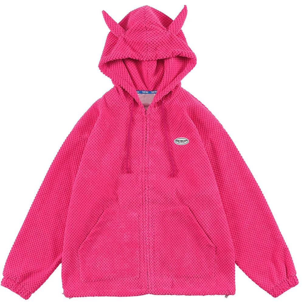 Aolamegs Hoodies Men Twist Knitting Demon Horns Solid Color Zipper Coa