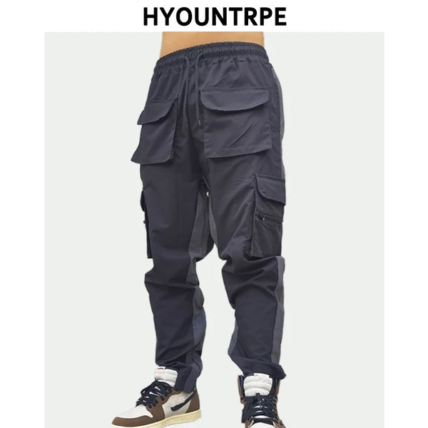 hip hop loose fit elastic waist pants cargo pockets spliced reflective lines ankle pants mens drewstring sportwear pants joggers relaxed fit joggers
