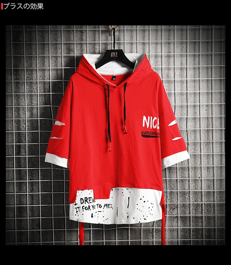 Men Fashion Ribben Hoodie Summer Short Sleeve Hoodies Mens Hoodies