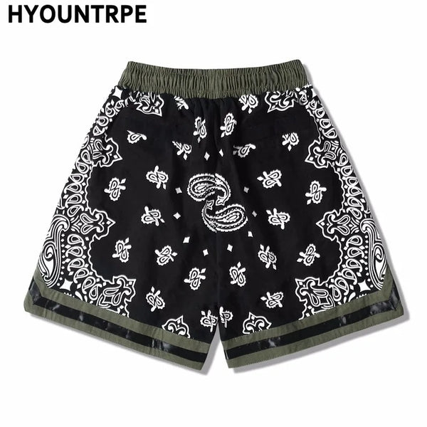 Mens Paisley Printed Hip Hop Loose Shorts Elastic Waist Sweat Shorts Casual Harajuku Drawstring Streetwear Sportswear Joggers